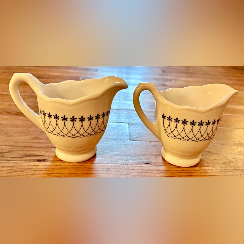 Syracuse China 4 oz Cream Pitcher Restaurant Ware Fleur de lis 1973, set of 2